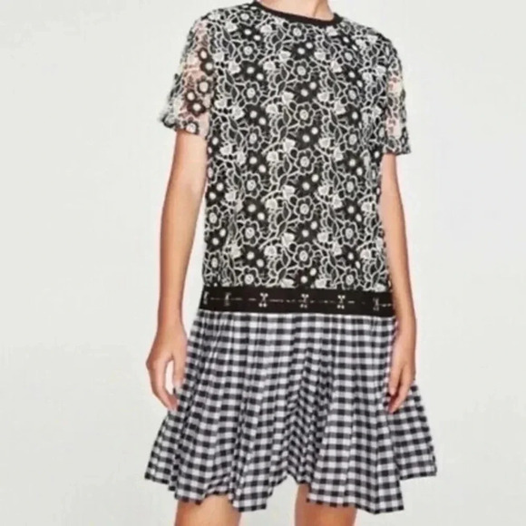 Zara floral lace top gingham skirt dress Small 7901/276 - Picture 2 of 7